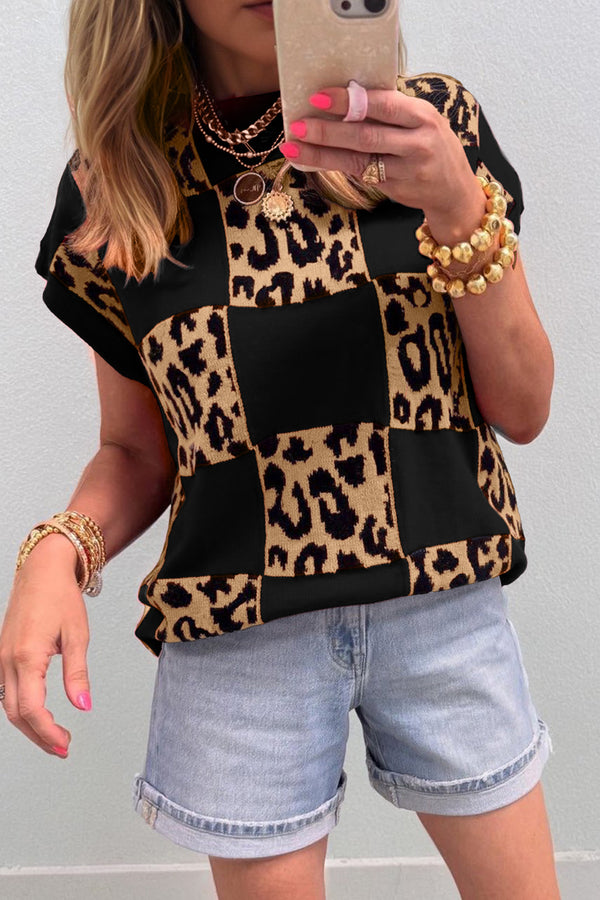 Pull femme léopard, en maille, manches courtes — noir