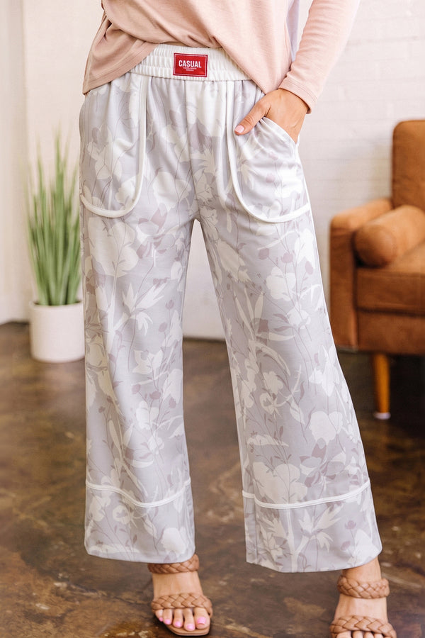 Pantalon femme floral, taille élastique, jambe large — gris · LC7714815-P1120 · LC7714815-P1120-L