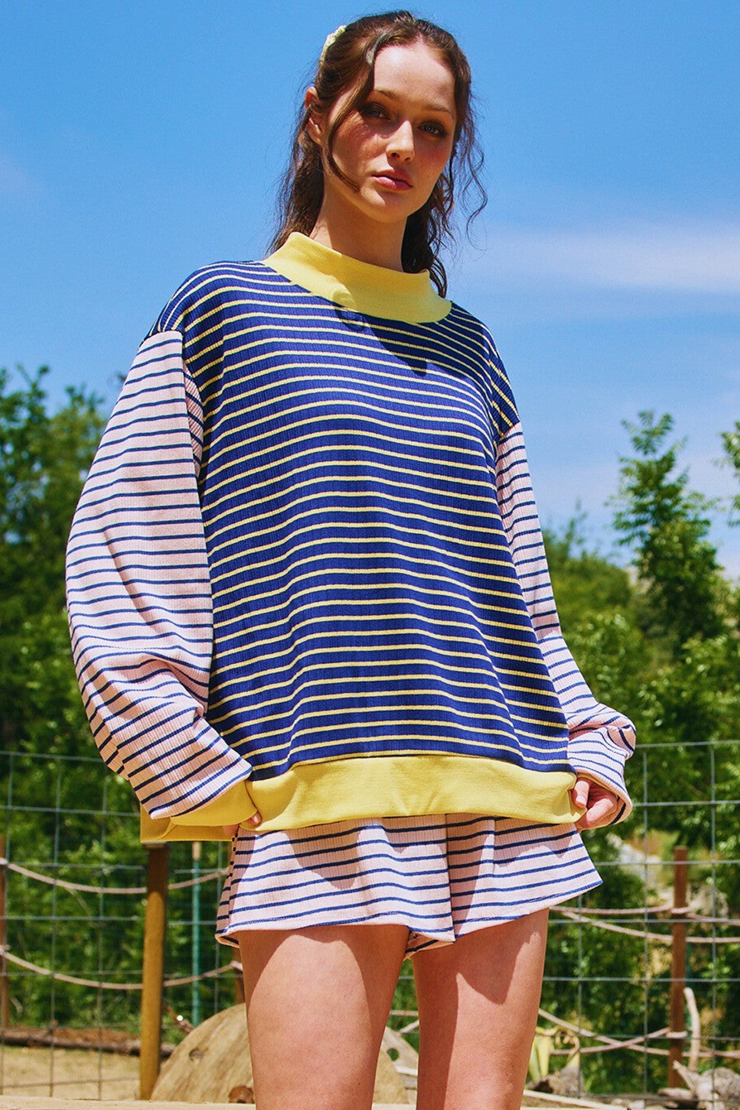 Blue Stripe Contrast Long Sleeve Crew Neck Pullover Top