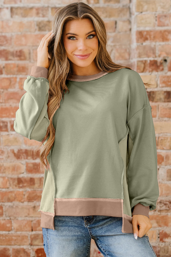 Sweat femme patchwork, gaufré, colorblock — vert · LC25320042-P2809 · LC25320042-P2809-L
