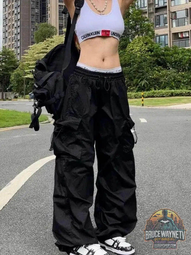 Pantalon de survêtement baggy à jambes larges pour femmes, pantalon noir parachute Y2K, Streetwear Hiphelicopter, poches surdimensionnées, Cargo FjHarajuku | Wayne Outfitters - Legeekshop
