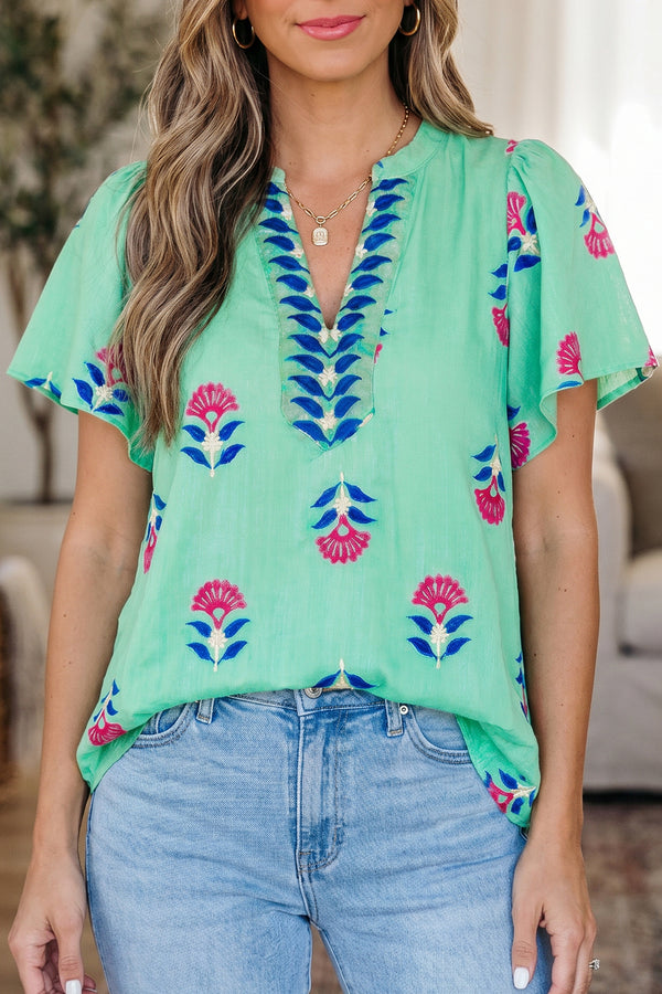 Green Floral V Neck — Tops/Blouses & Shirts, photo principale LeGeekShop