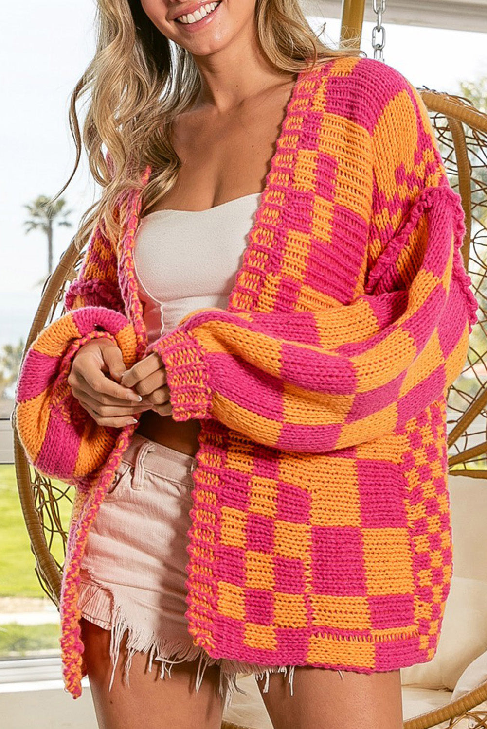 Multicolor Open Front Mixed Checkered Pattern Knit Cardigan femme