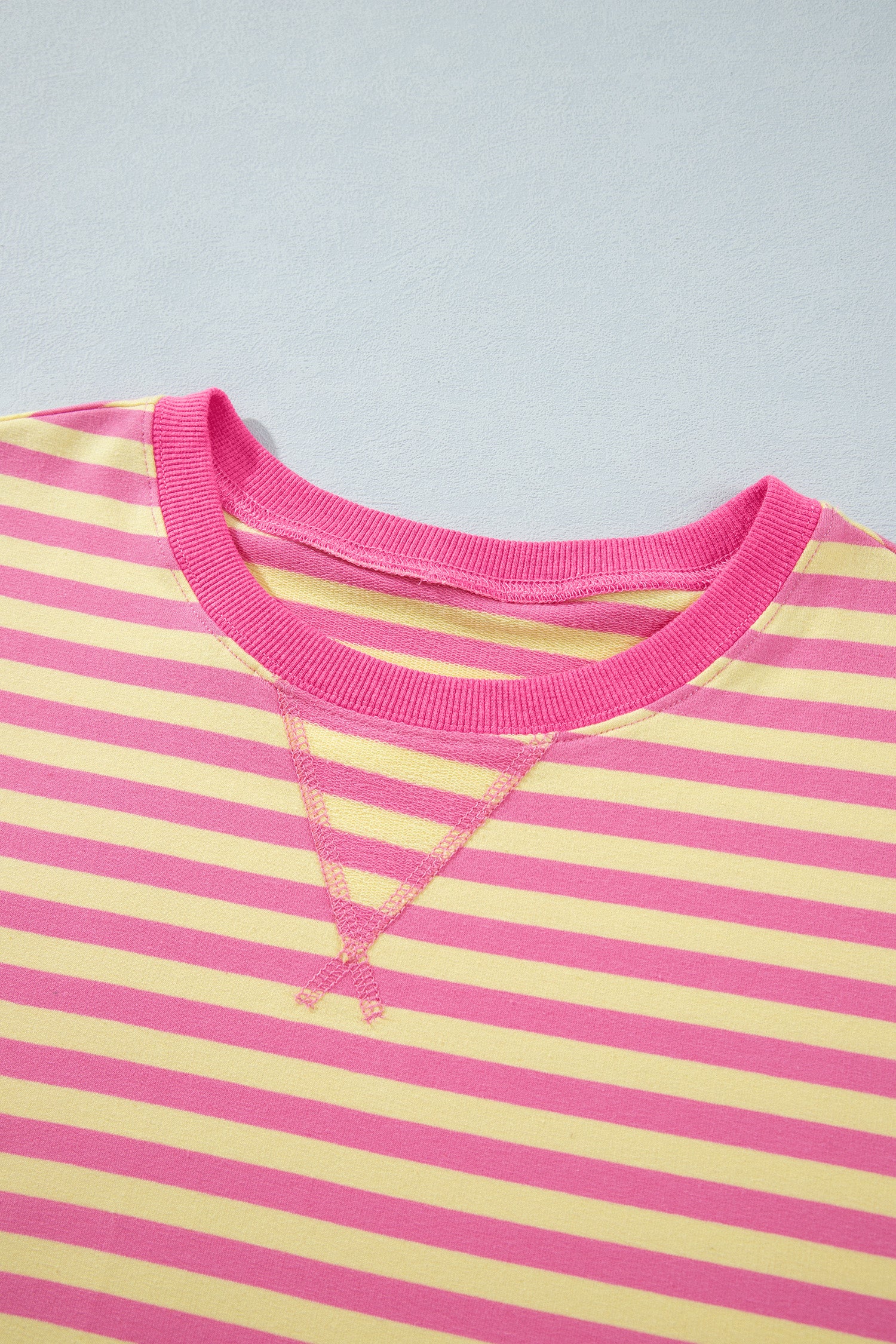 Pink Stripe Colorblock Trim Crew Neck Loose Tee Drawstring Elastic Waist 2pcs Pant Set