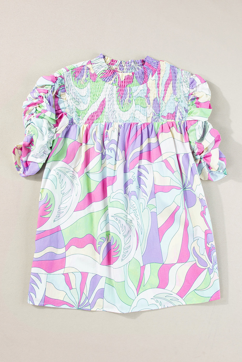 Blouse imprimé abstrait, manches ballon, détail smock — vert