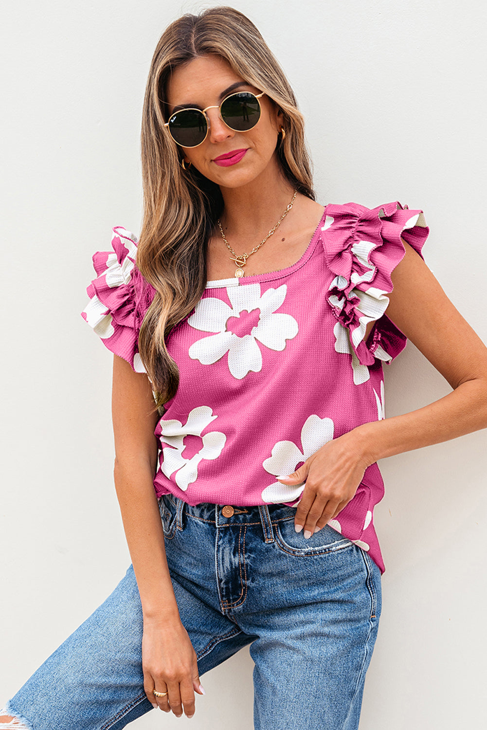 Blouse femme floral, à volants, manches courtes — rose