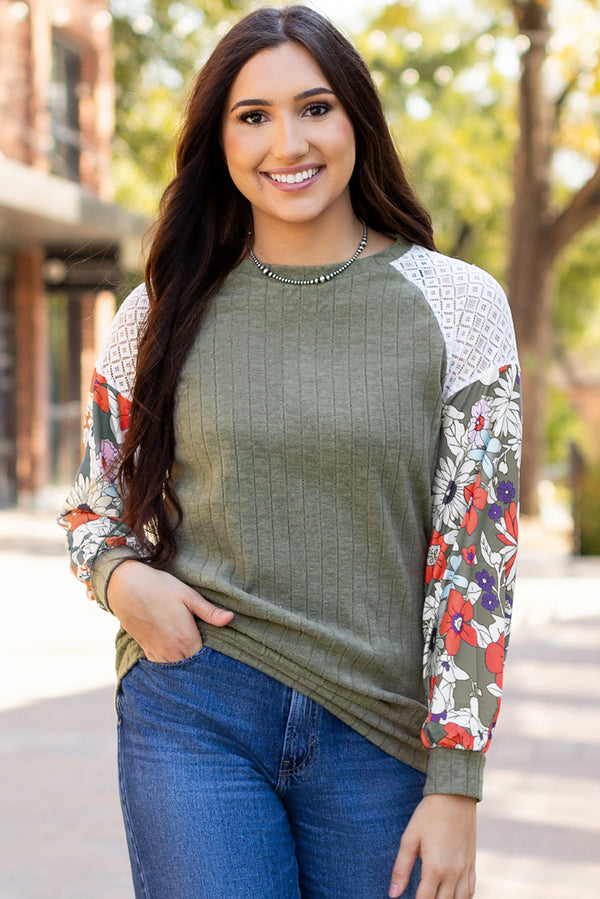 Blouse floral, patchwork, manches longues — vert