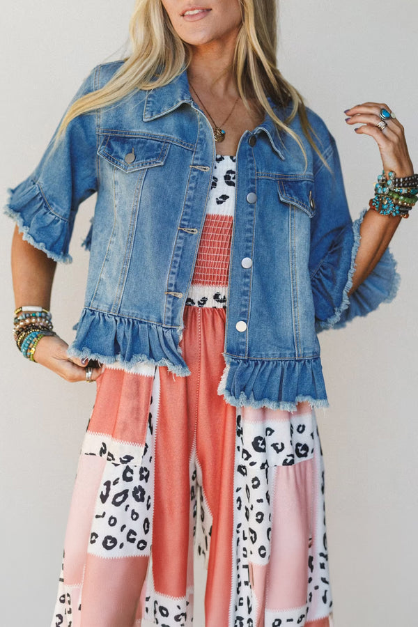 Veste femme à volants, manches 3/4, denim — bleu · LC7881021-P305 · LC7881021-P305-L