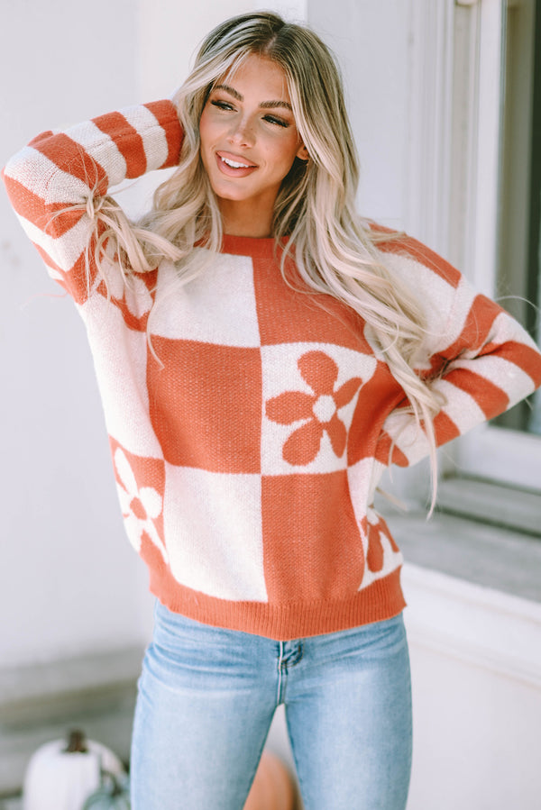 Pull femme floral, rayé, à carreaux — marron