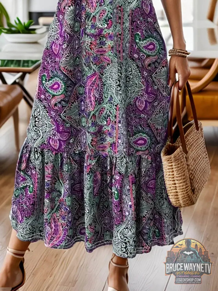 Robe Midi Plus Size en Imprimé Paisley Boho avec Volants, élégante et confortable, parfaite pour les sorties estivales