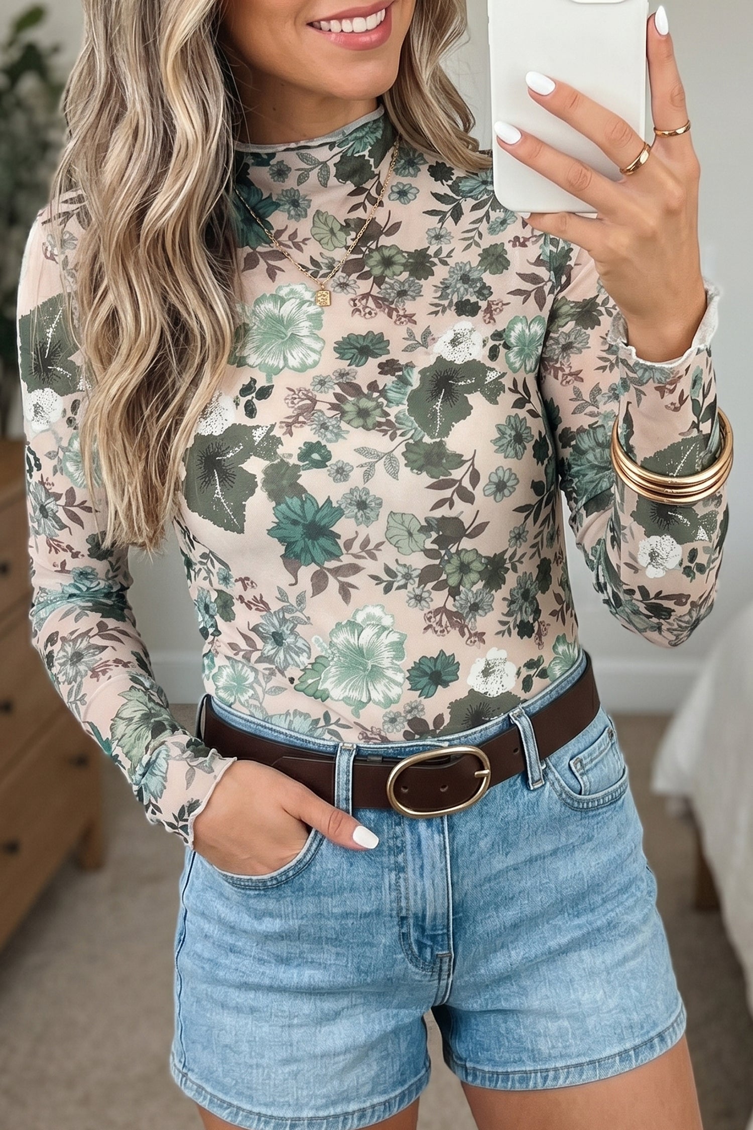 Haut floral, transparent, manches longues — vert