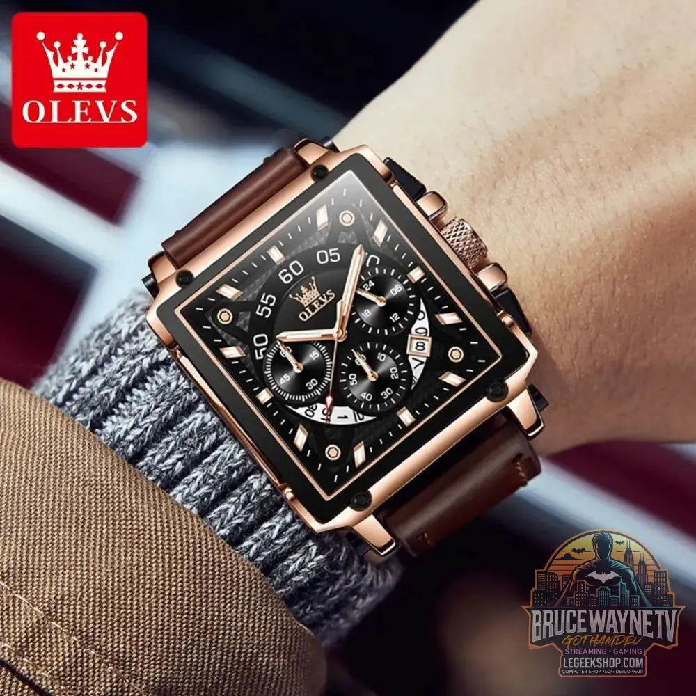Montre à quartz carrée étanche avec bracelet en cuir pour homme, chronographe et fonction calendrier, marque supérieure | OLEVS - Legeekshop