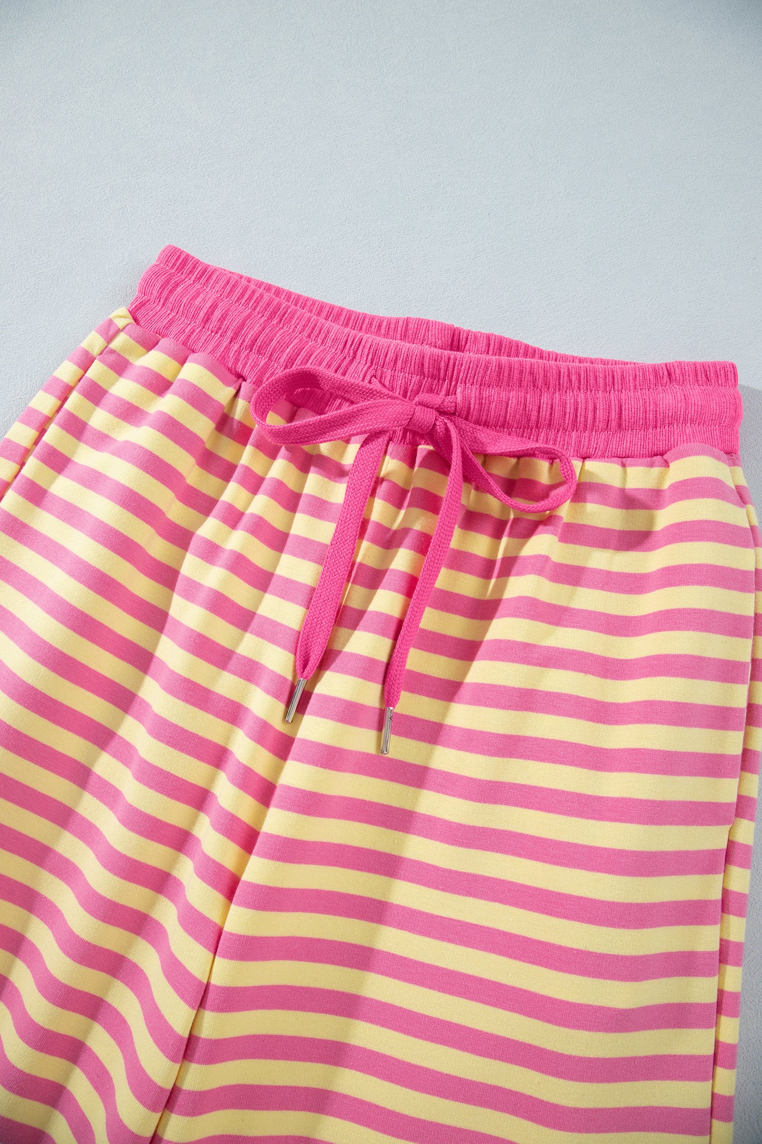 Pink Stripe Colorblock Trim Crew Neck Loose Tee Drawstring Elastic Waist 2pcs Pant Set
