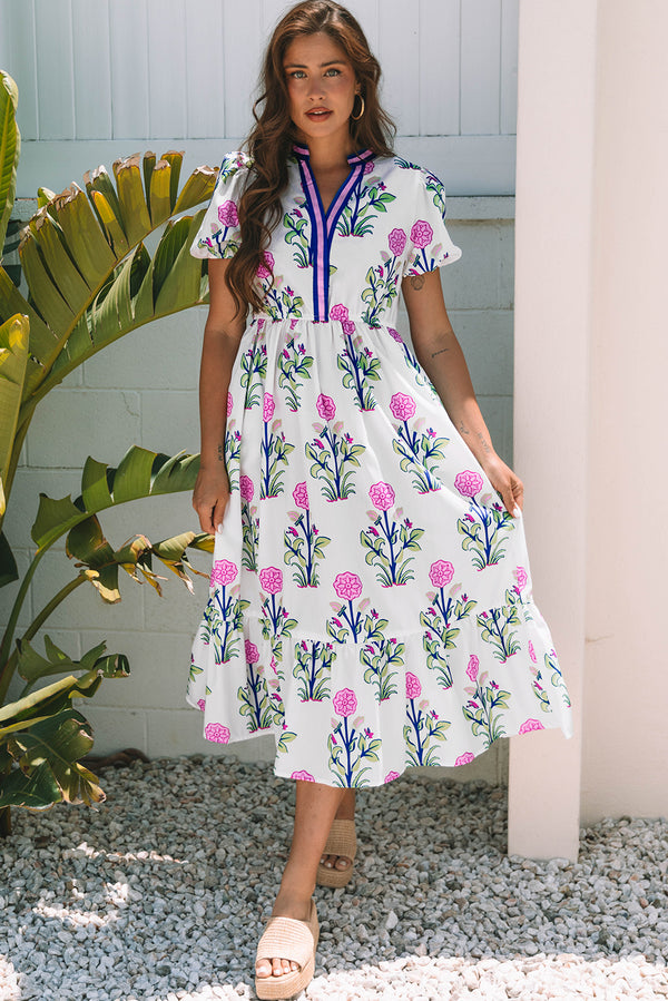 Robe longue floral, manches courtes, col V, taille haute — blanc