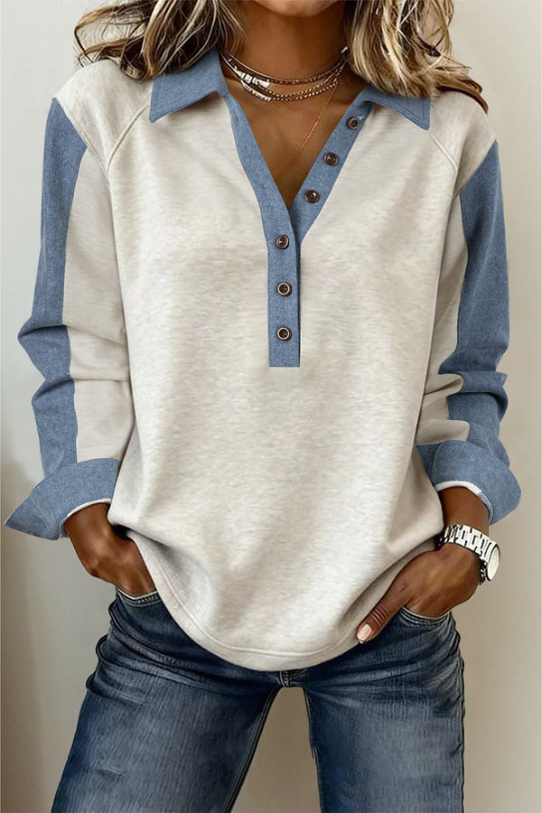 Haut patchwork, boutonnée, manches longues — gris clair