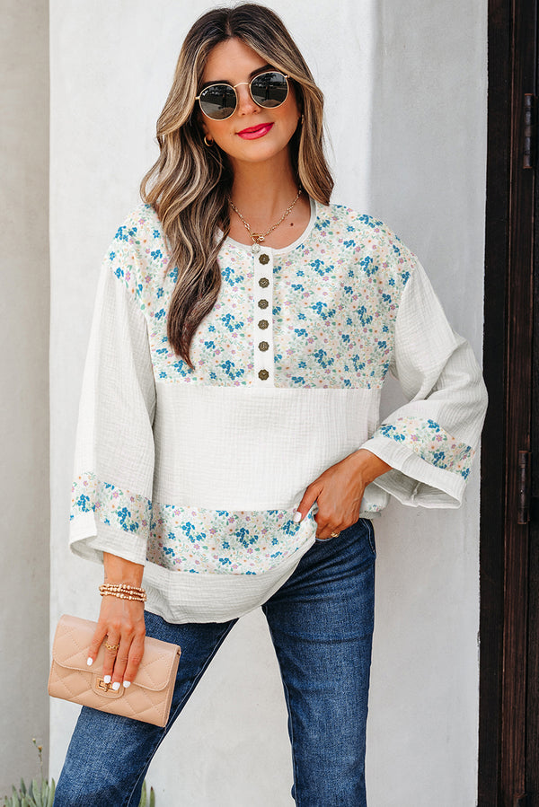 Blouse femme floral, patchwork, boutonnée — bleu ciel