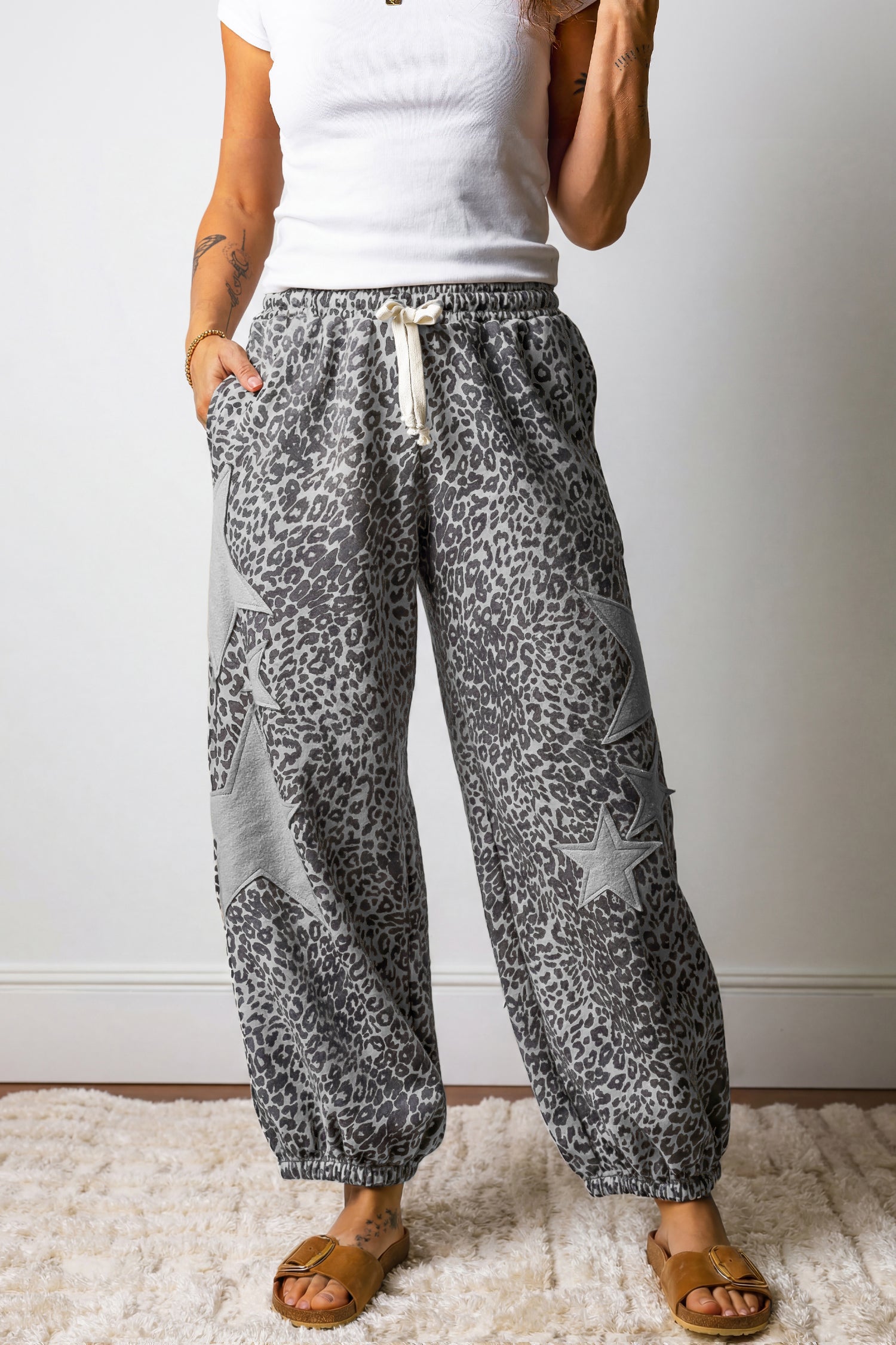 Khaki Leopard Print Star Patched Drawstring Elastic Waist Jogger Pants