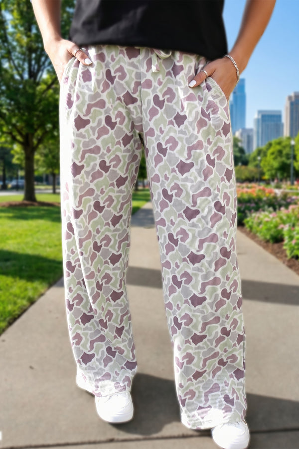 Pantalon femme camouflage, à cordon, ample — vert