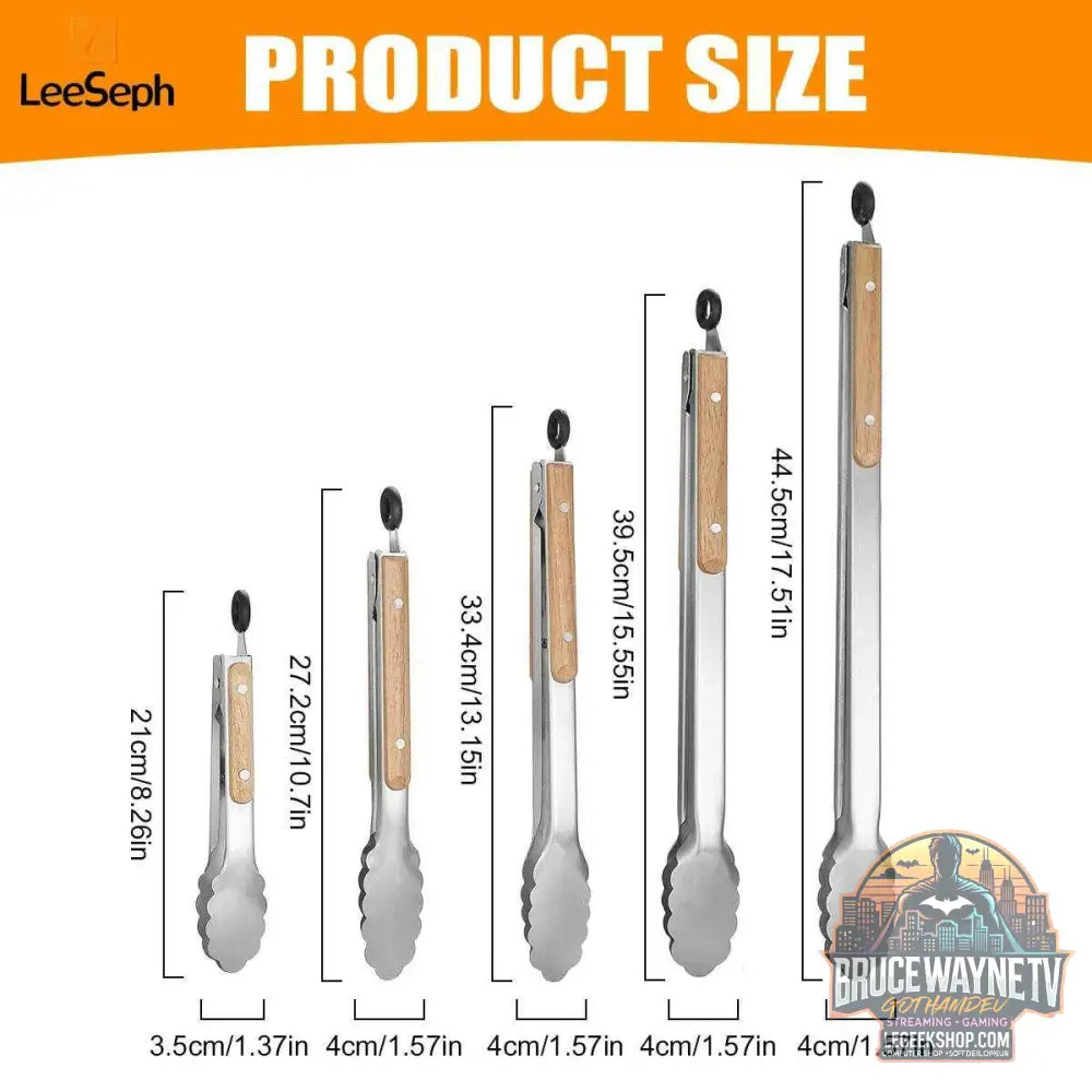 🔥 Pince de Cuisine BBQ Leeseph – Inox & Bois de Chêne | 5 Tailles Disponibles - Legeekshop