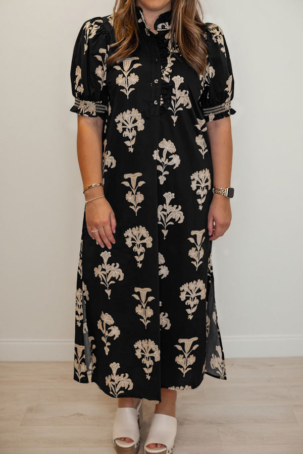 Robe longue femme floral, manches bouffantes, maxi — noir