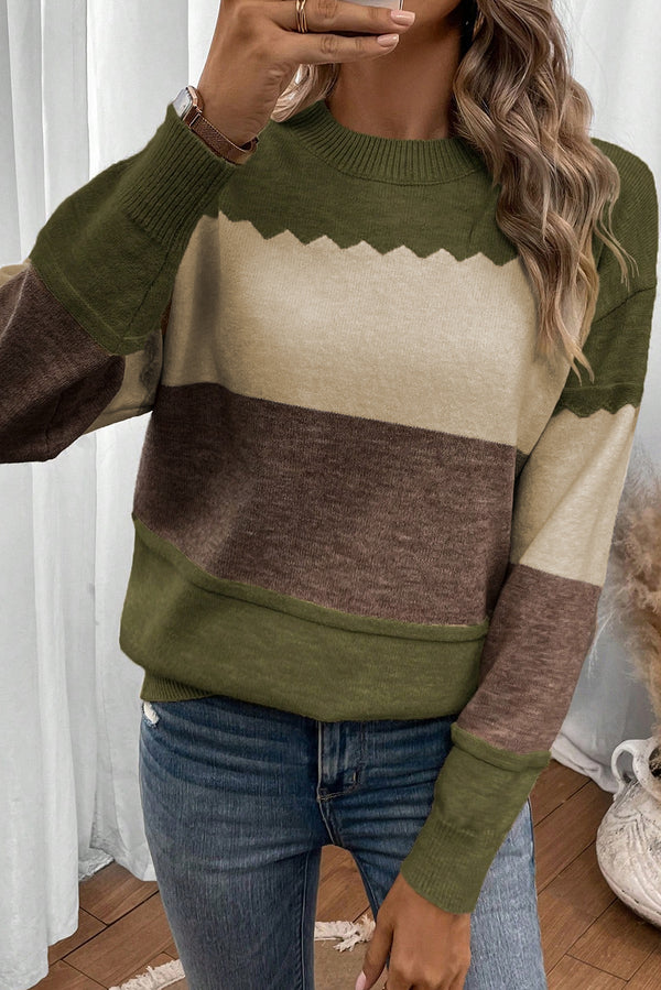 Pull femme épaules tombantes, col rond, colorblock — marron