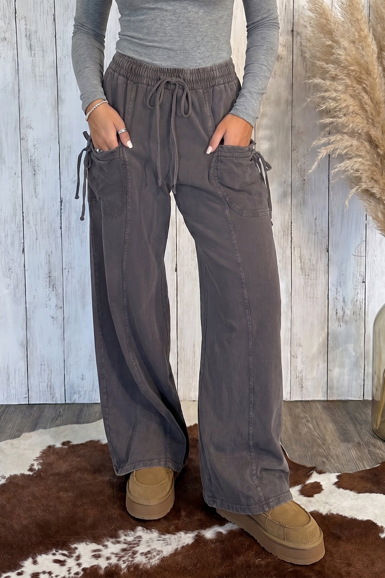 Pantalon femme à cordon, taille élastique — marron