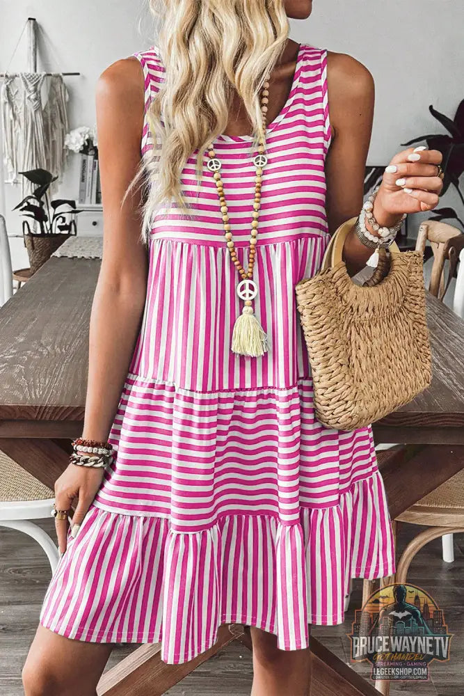 Black Stripe U Neck Sans manches en ligne Mini robe - Rose Stripe / S / 95% Cotton + 5% Elastane - Dresses/Mini Dresses