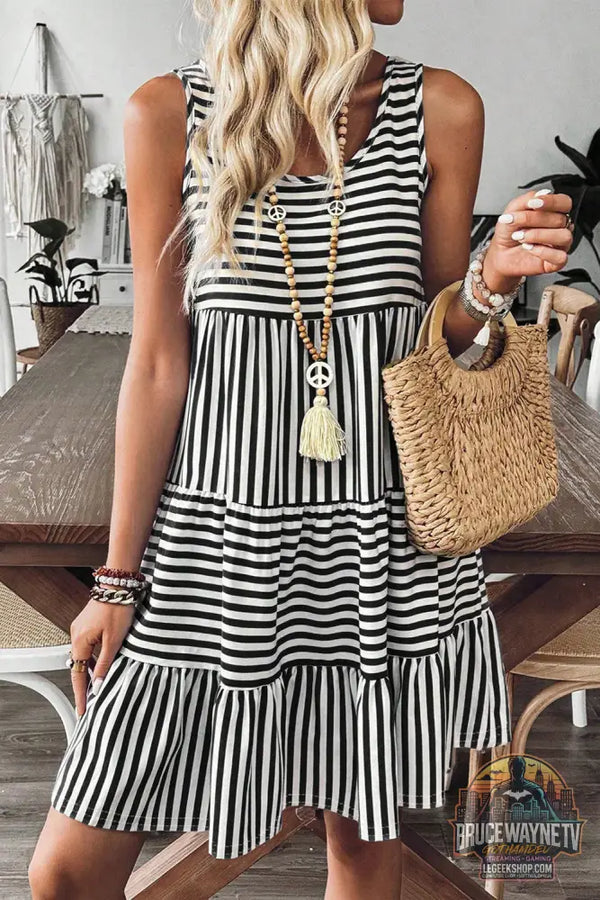 Black Stripe U Neck Sans manches en ligne Mini robe - Black Stripe / S / 95% Cotton + 5% Elastane - Dresses/Mini Dresses