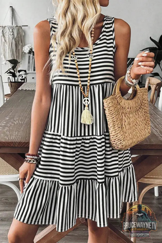 Black Stripe U Neck Sans manches en ligne Mini robe - Black Stripe / S / 95% Cotton + 5% Elastane - Dresses/Mini Dresses