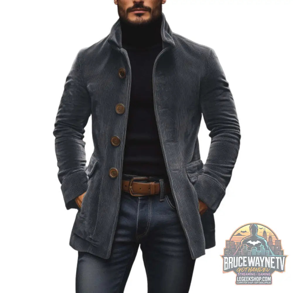 Blazer Homme Col Montant Velours Côtelé Boutons Poches Slim Fit - Gray / XS - Blazer Homme