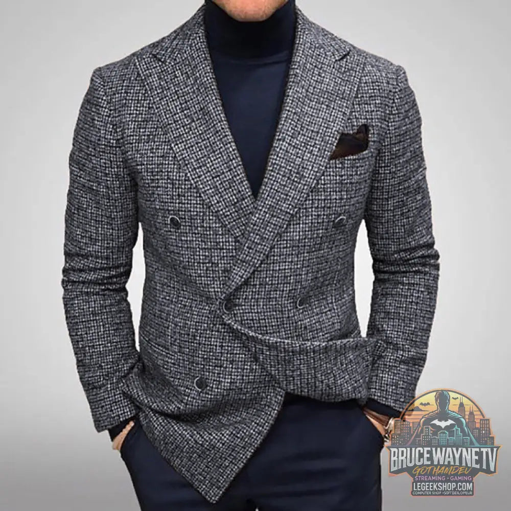 Blazer Homme Slim Fit Carreaux Double Boutonnage Polyester Gris Marron - Gray / S - Blazer Homme