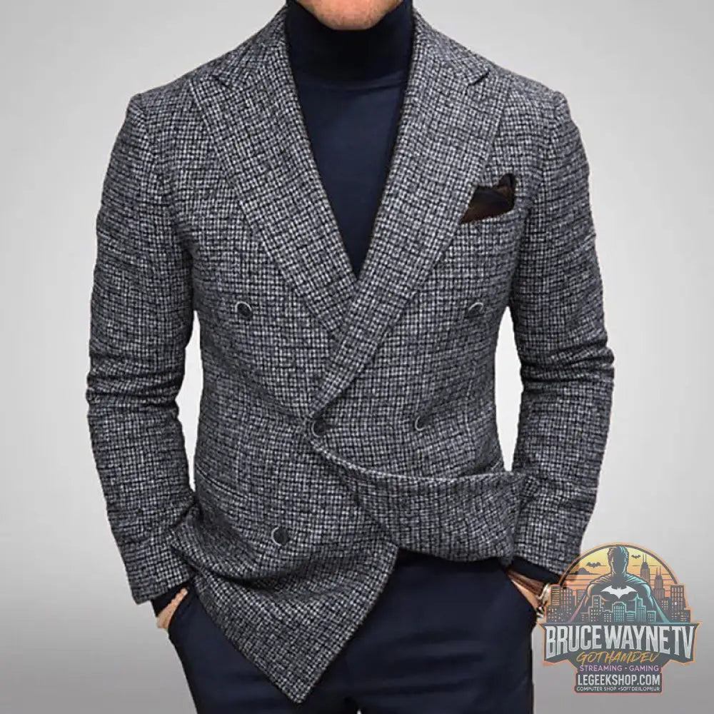 Blazer Homme Slim Fit Carreaux Double Boutonnage Polyester Gris Marron - Blazer Homme