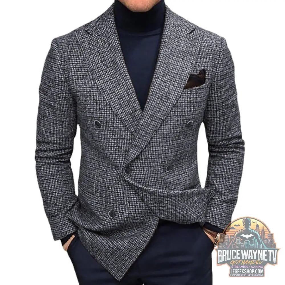 Blazer Homme Slim Fit Carreaux Double Boutonnage Polyester Gris Marron - Blazer Homme