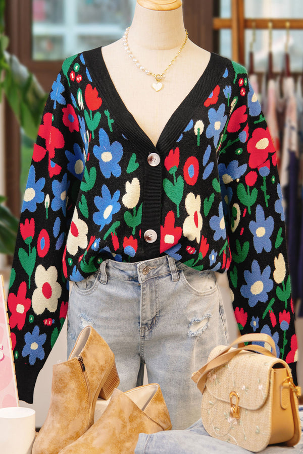 Short femme floral, boutonnée, col V — noir