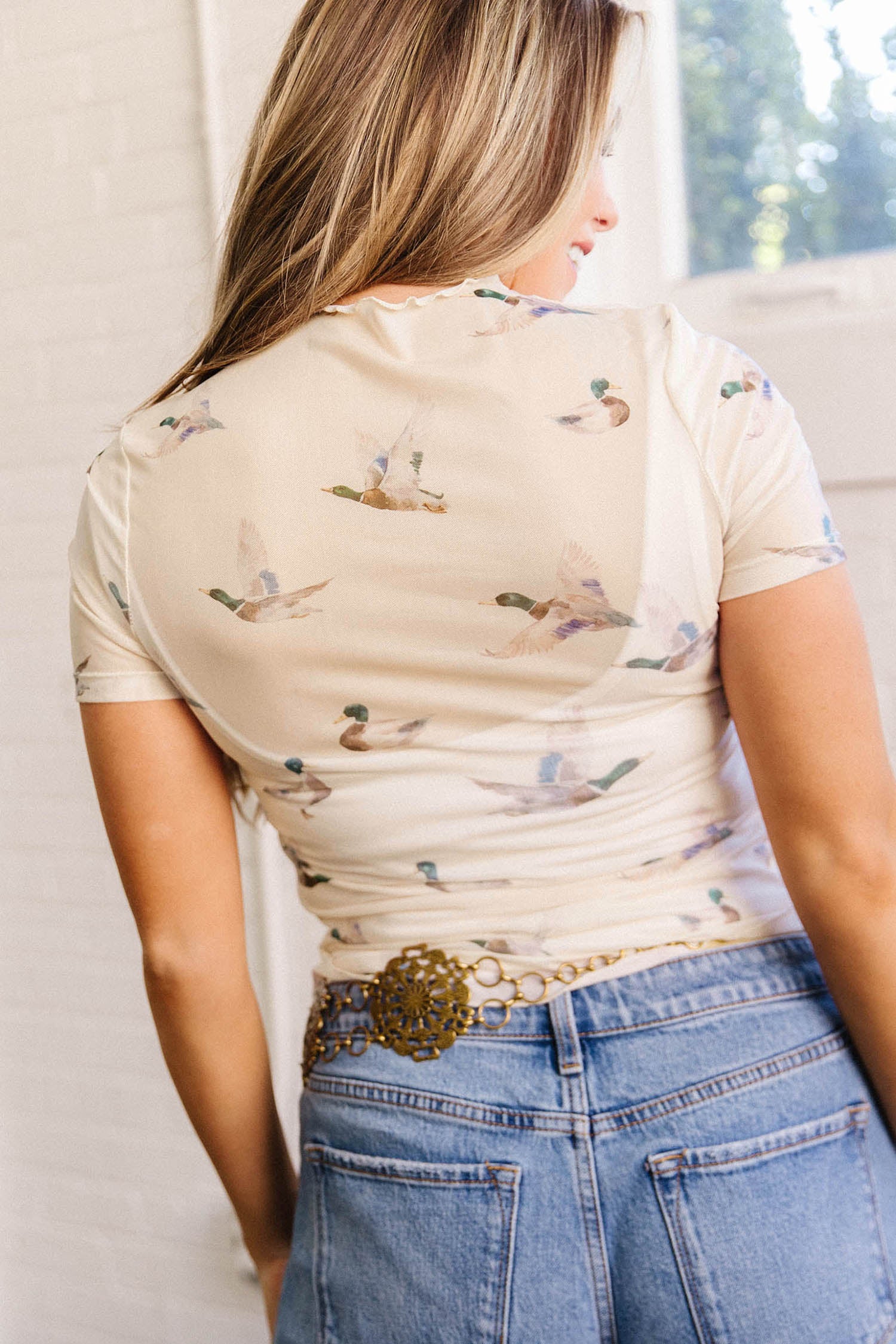 Haut mesh transparent, manches courtes — beige