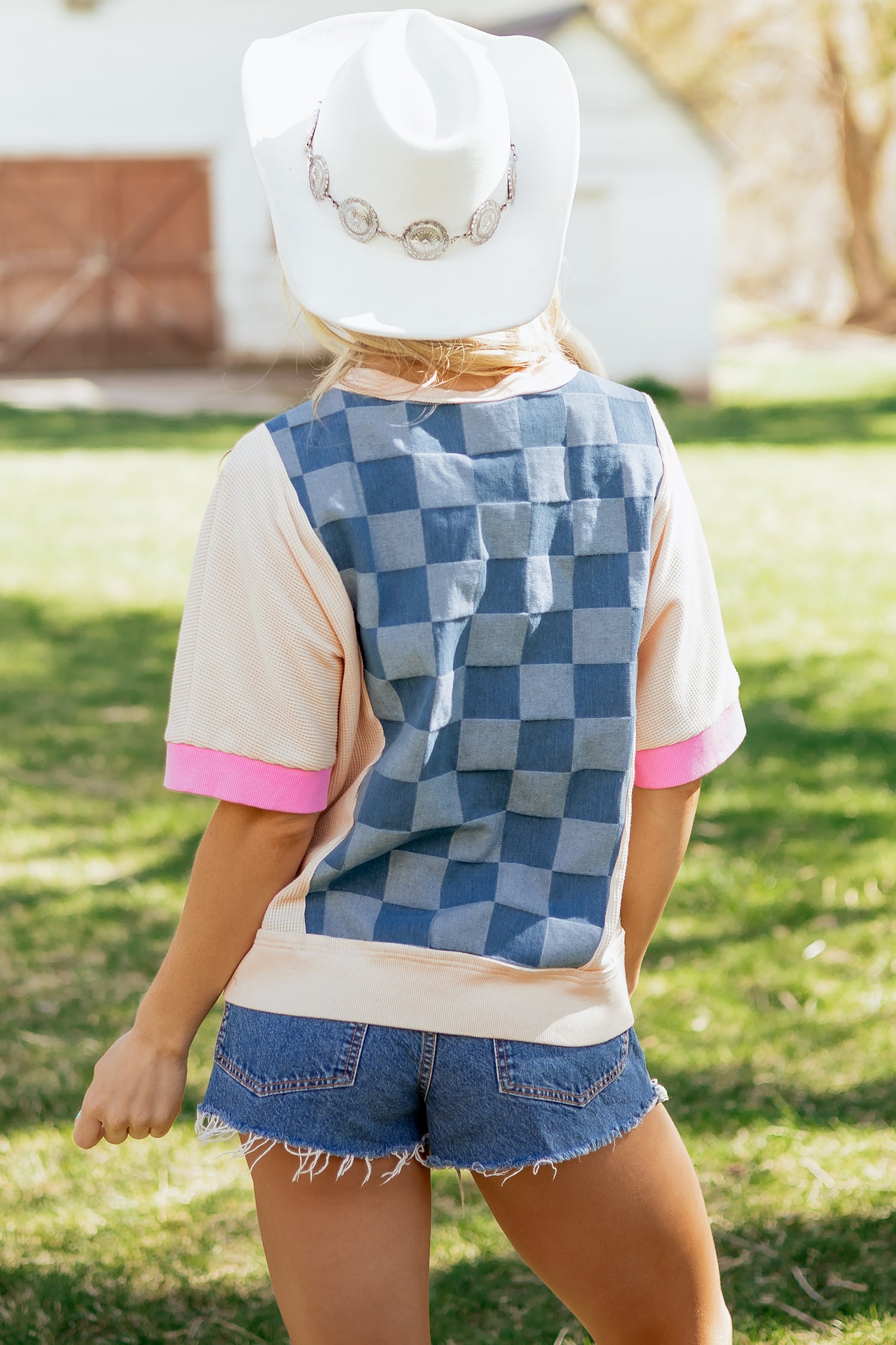 Dusk Blue Checkered Denim Patchwork Short Sleeve Loose Top