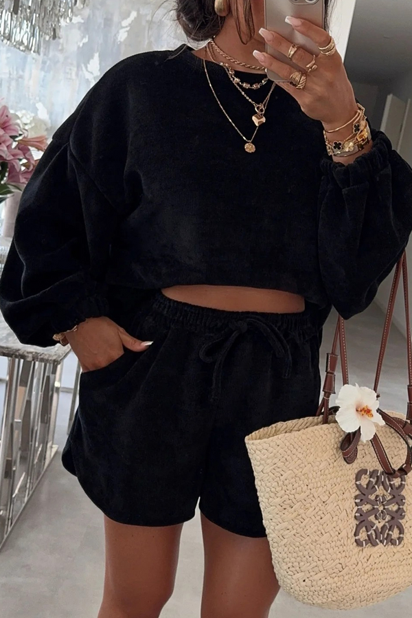 Short femme en maille, à cordon, épaules tombantes, uni — noir