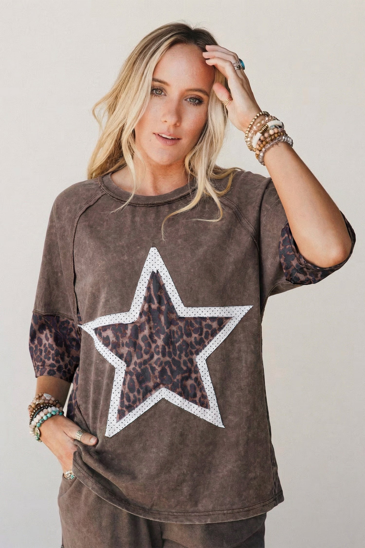 Coffee Mineral Wash Exposed Seam Leopard Star Patched T Shirt