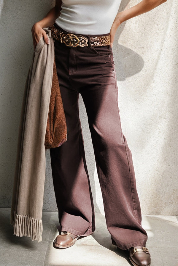 Jean femme taille haute, ample, uni — café