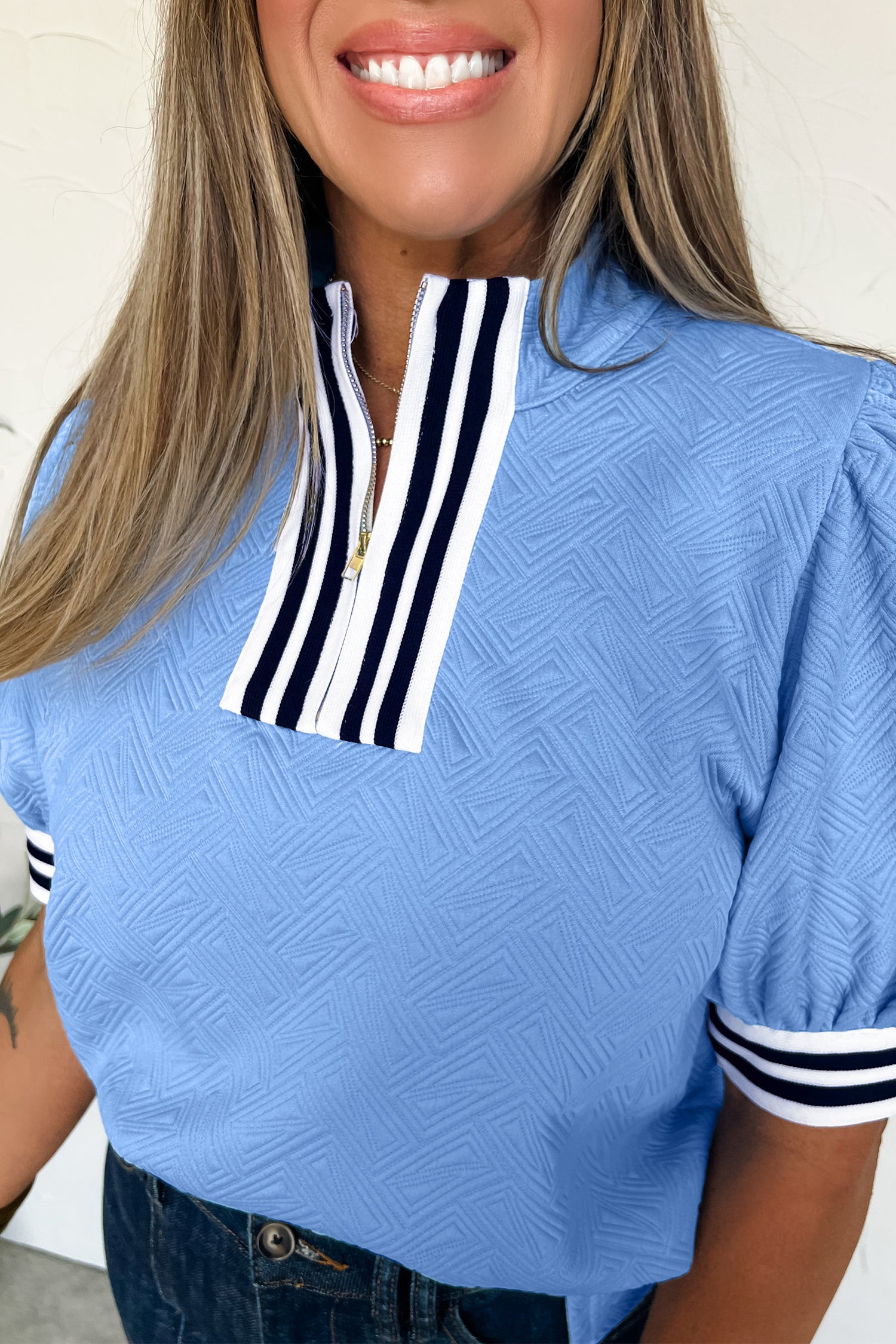 Myosotis Stylish Textured Stripe Trim Split Neck Puff Sleeve Top