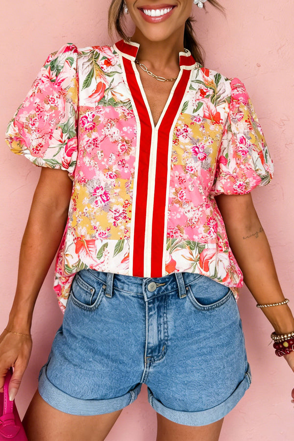 Blouse femme floral, manches courtes, col V — rose · LC25136563-P1020 · LC25136563-P1020-L