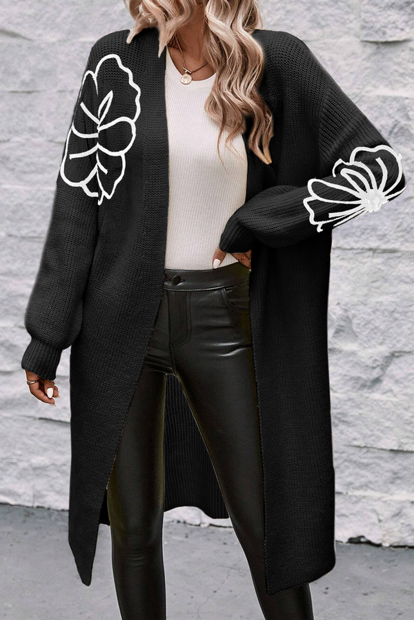 Black Flower Embroidered Drop Shoulder Open Front Duster Cardigan femme