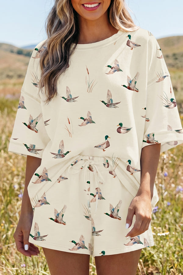Beige Mallard Duck Print Oversized Tee Drawstring Short Set