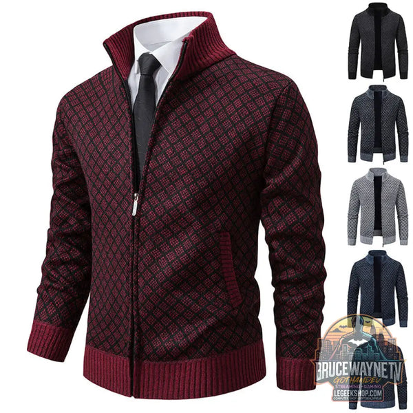 Cardigan Homme Carreaux Épais Zip Col Montant Hiver - Cardigan Homme