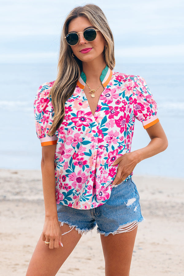 Blouse femme floral, rayé, manches courtes — rose