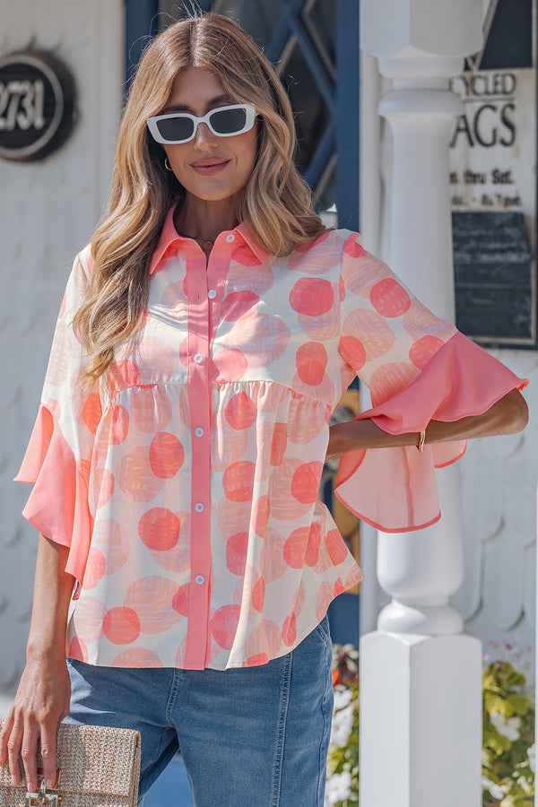Chemise femme pois, à volants, manches courtes — rose · LC2557455-P1020 · LC2557455-P1020-L
