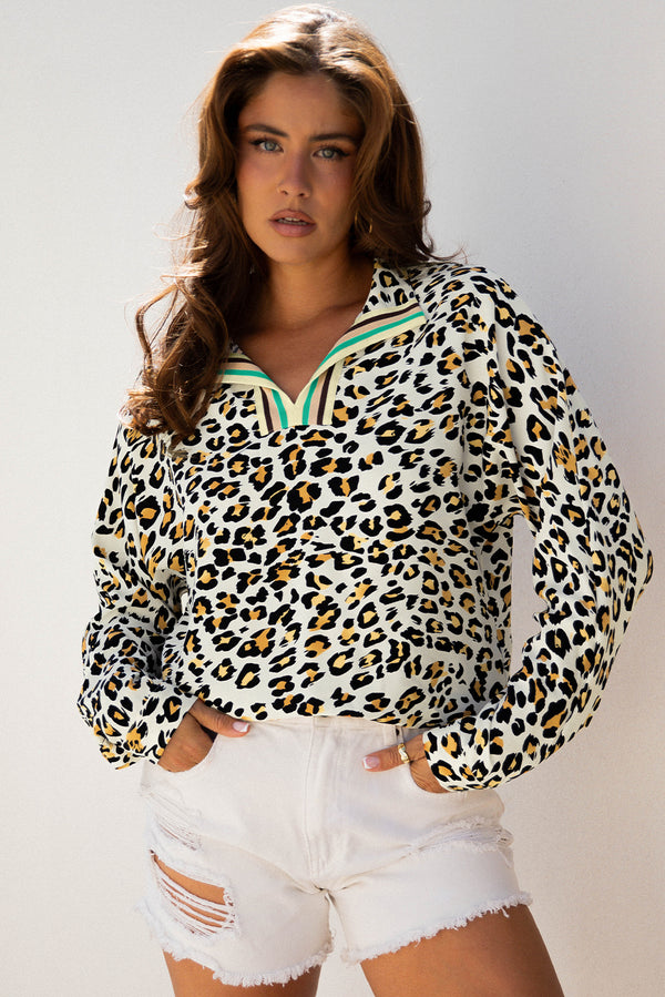 Blouse femme léopard, rayé, col V — kaki · LC25133451-P1620 · LC25133451-P1620-L