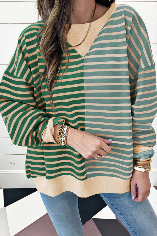 Sweat femme rayé, épaules tombantes, colorblock — vert