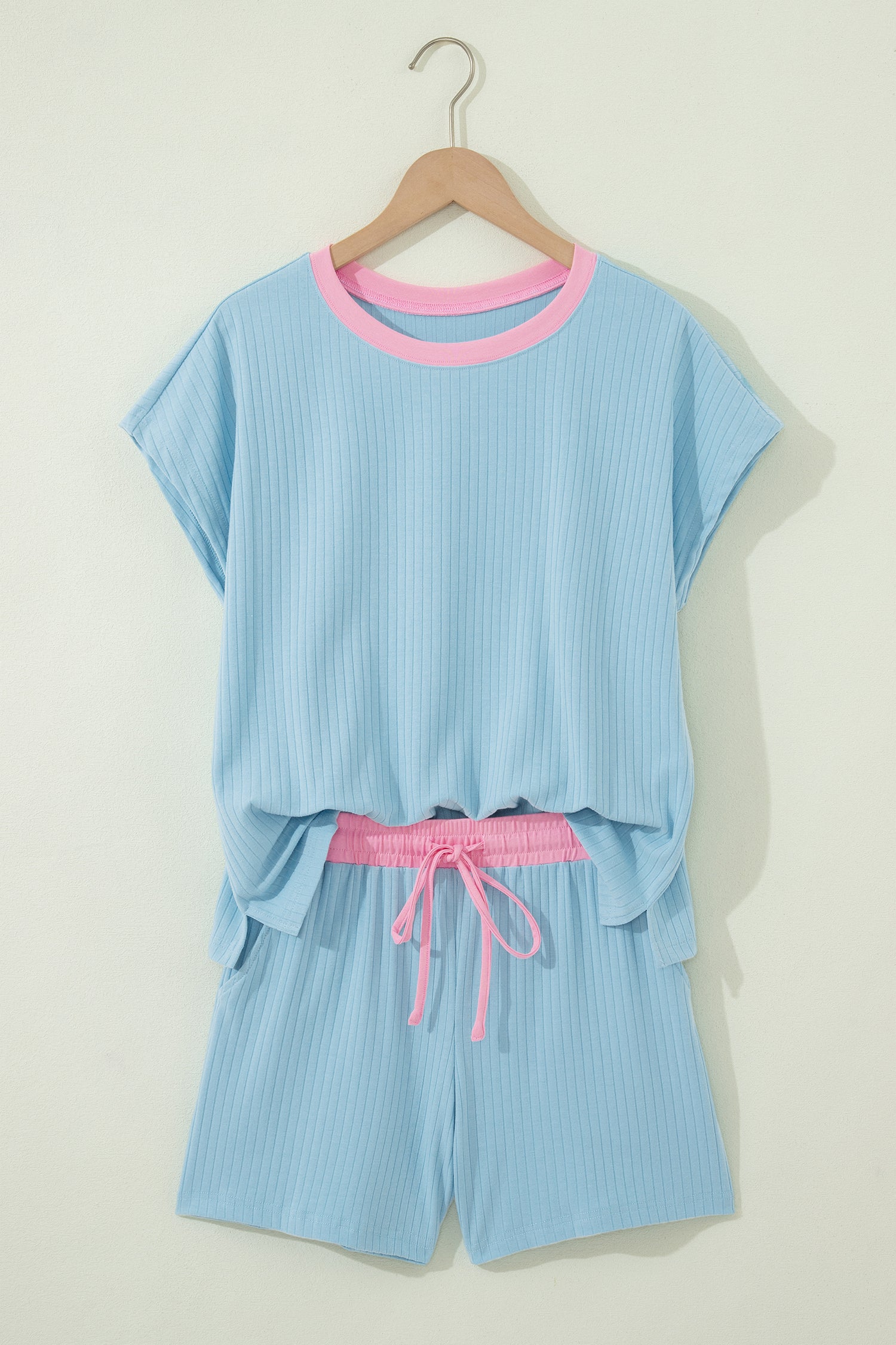 Clearly Aqua Soft Ribbed Color Block Trim Casual Short Set