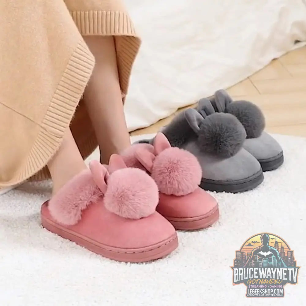 Chaussons Maison Oreilles Lapin Pompons Peluche Coton - Chaussons Maison